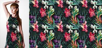 09010v Materiał ze wzorem malowane duże tropikalne kwiaty (strelicja, storczyk, hibiskus)